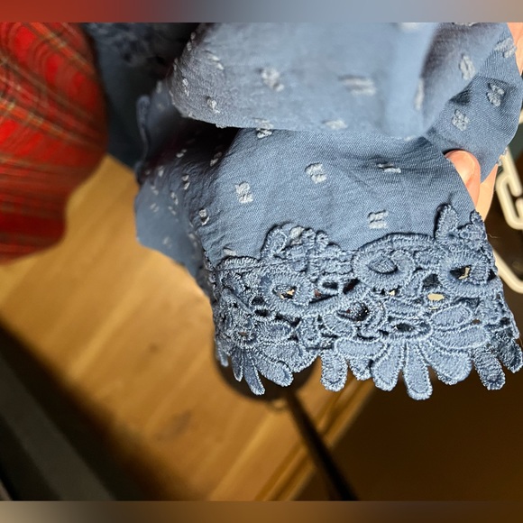 BloomChic steel blue dotted Swiss short sleeved, below knee dress w/crochet trim - Picture 6 of 8